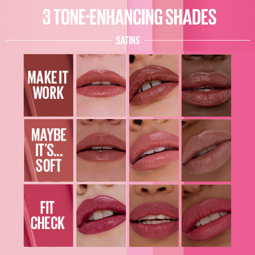Lipstick shades with model lips on a pink background, labeled '3 Tone-Enhancing Shades'.