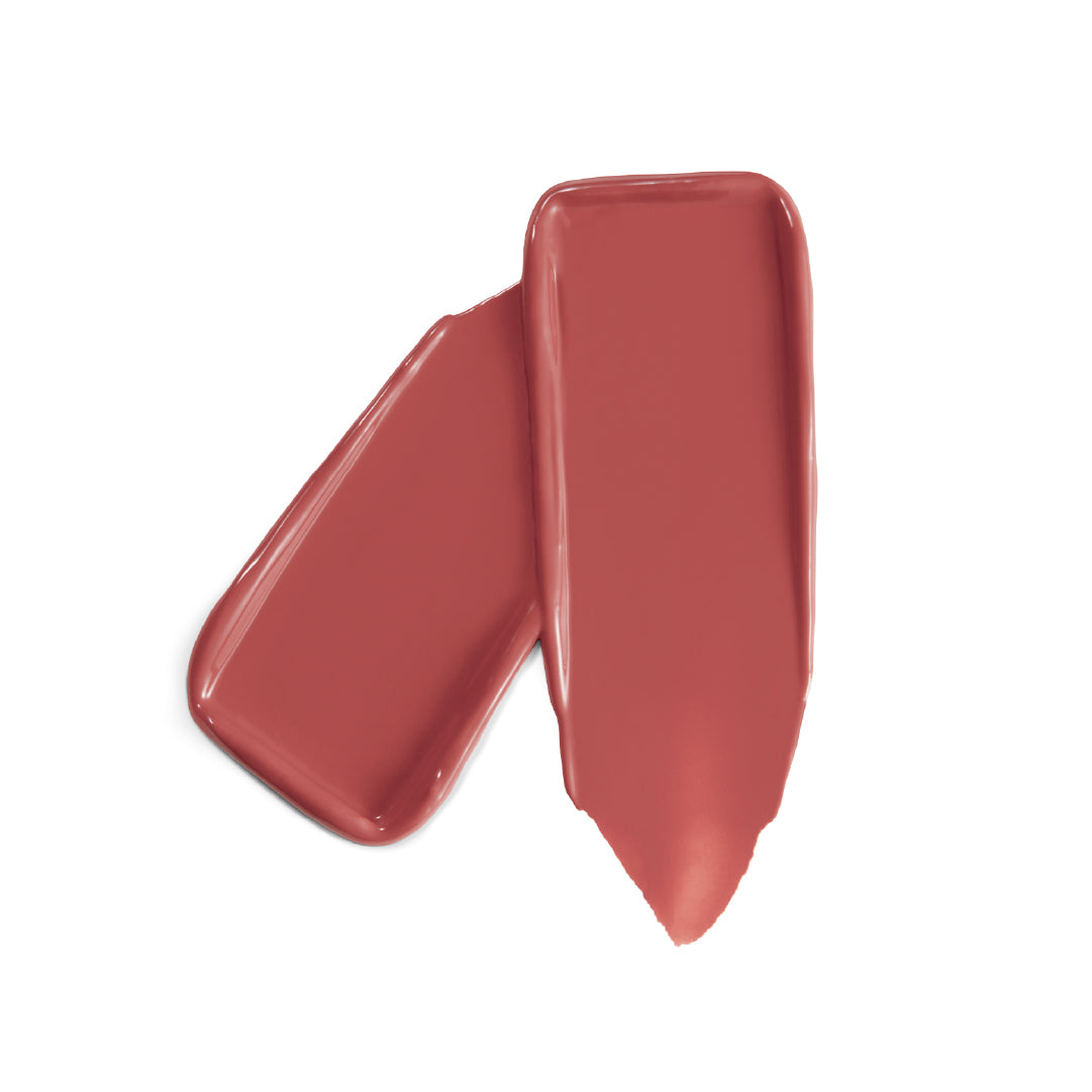 Two swatches of red lipstick on a white background