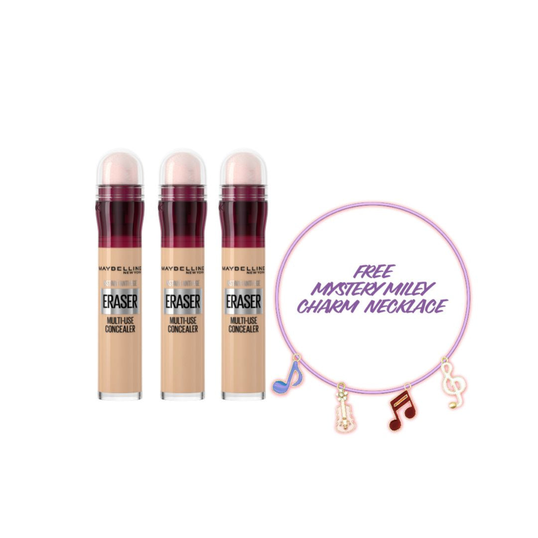 Three Maybelline Eraser concealer tubes with a free mystery Miley Charm necklace on a white background.