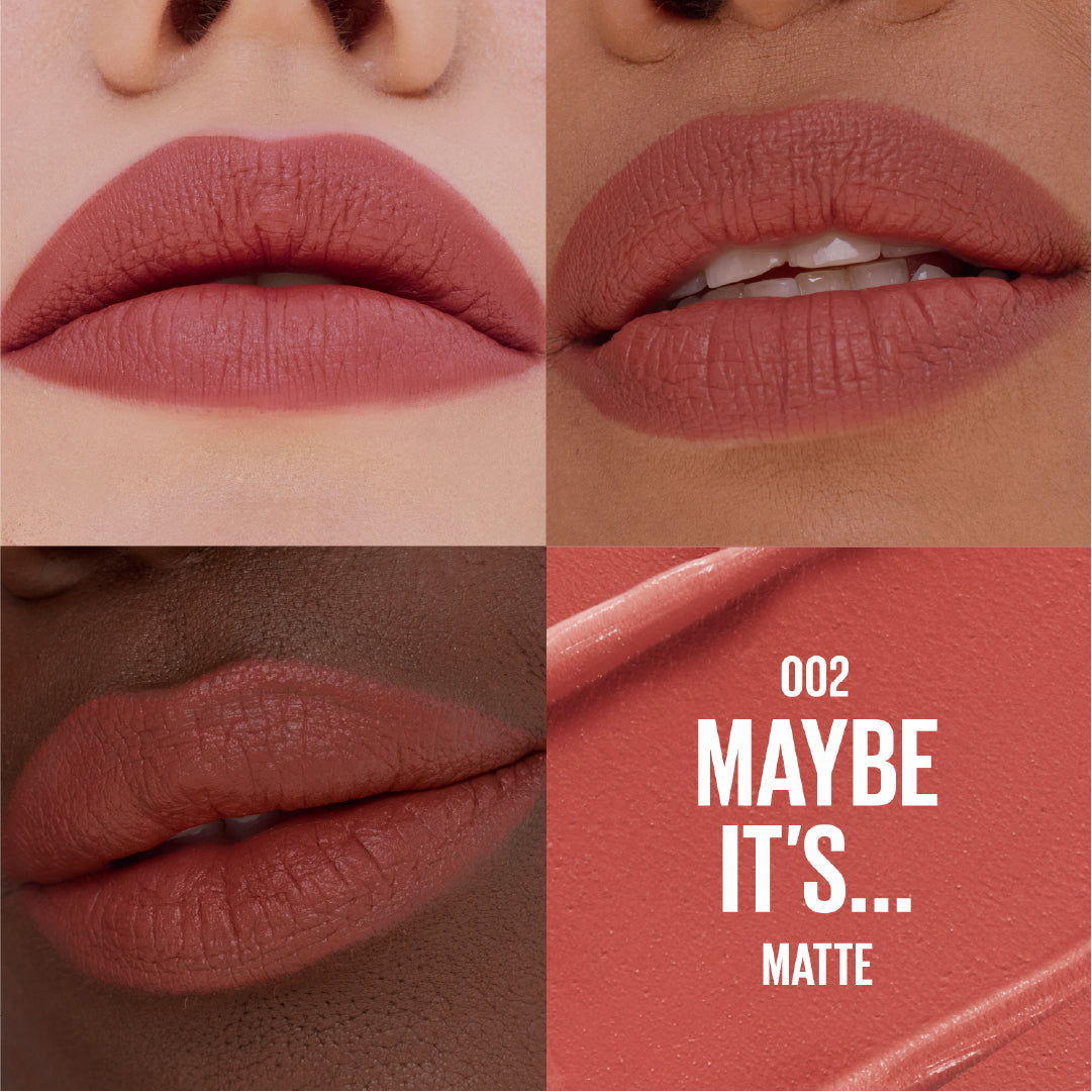 Lipstick shade 002 'Maybe It's' on different skin tones with a swatch.