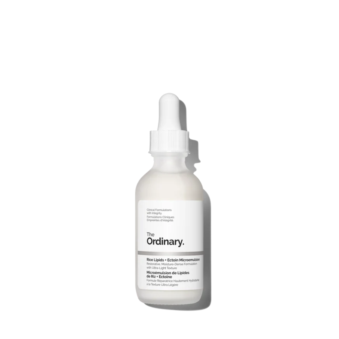 The Ordinary Rice Lipids + Cucumber Microsolution liquid lipstick in a frosted white bottle with a white dropper cap, shown on a clean white background.