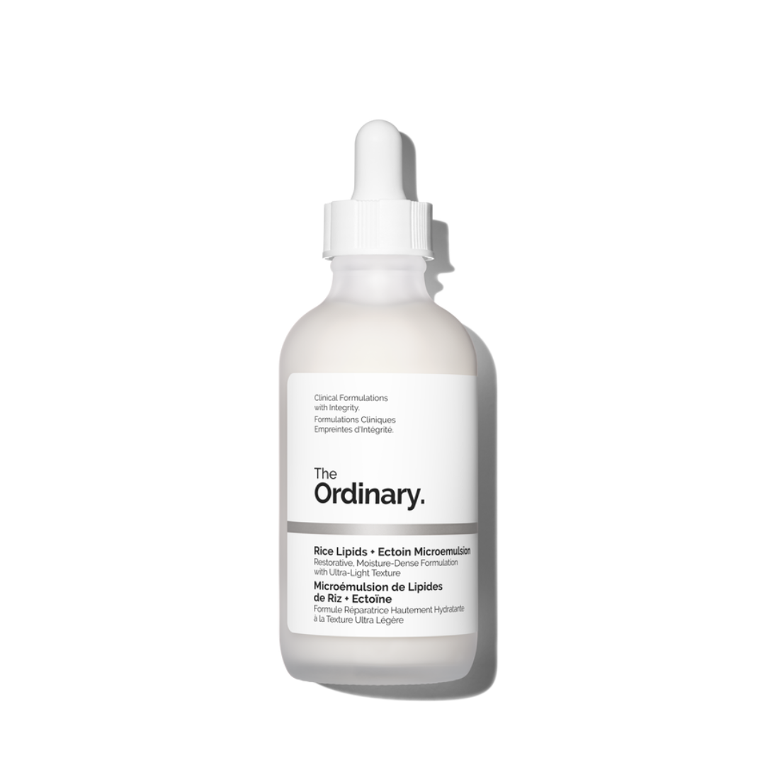 The Ordinary Rice Lipids + Ectoin Microneutralizer serum in a white dropper bottle with a white label and black text, set against a plain white background.