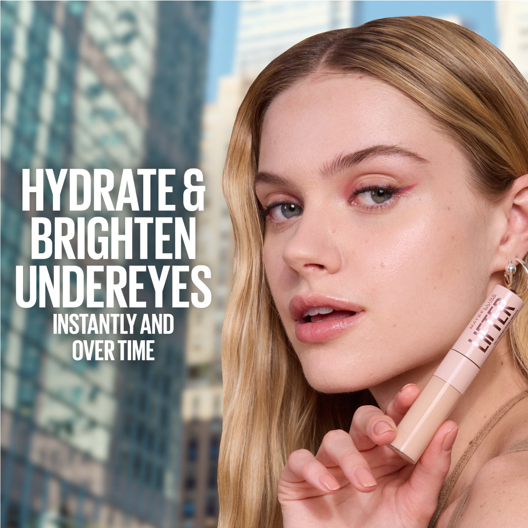 Woman holding a cosmetic product with text about hydrating and brightening under eyes.