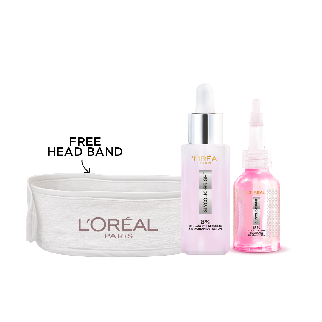 Glycolic Bright Face Serum + Anti-Dark Spot Exfoliant Peel + FREE Headband
