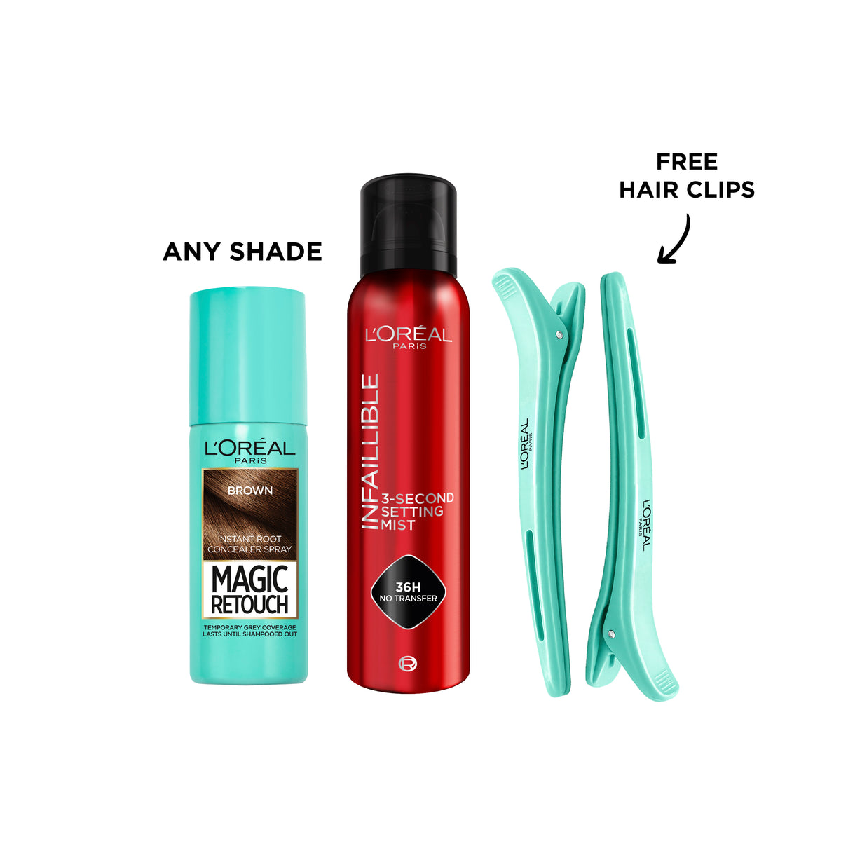 Magic Retouch Hair Roots Concealer Spray + Infaillible 3-Second setting mist spray + FREE Hair Clips