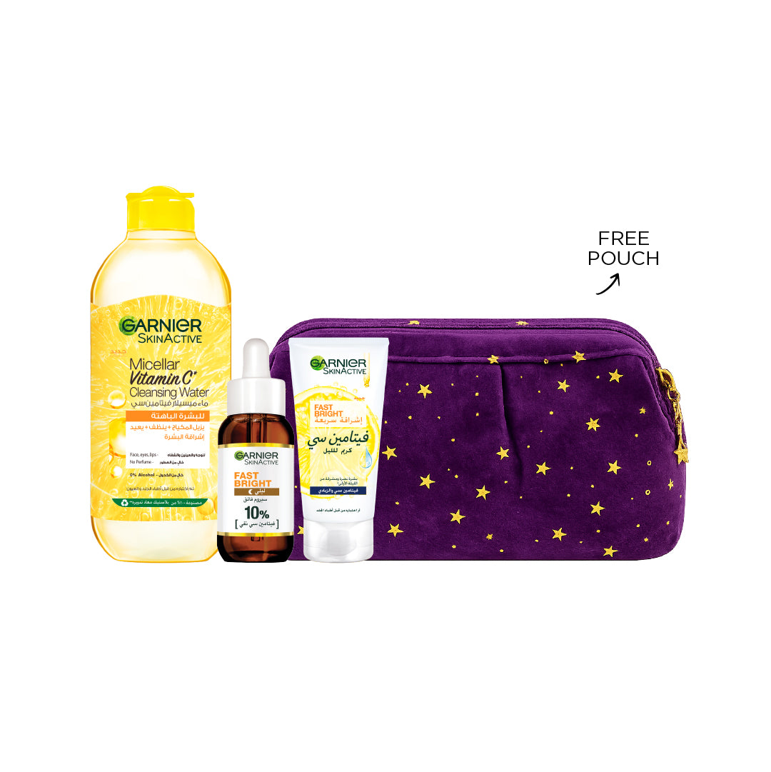 Vitamin C Micellar Water 400 ML + Skin Active Fast Bright Day Cream 50 ML + Fast Bright 10% Pure Vitamin C 30ML + FREE Dark Purple Ramadan Pouch At 25% OFF