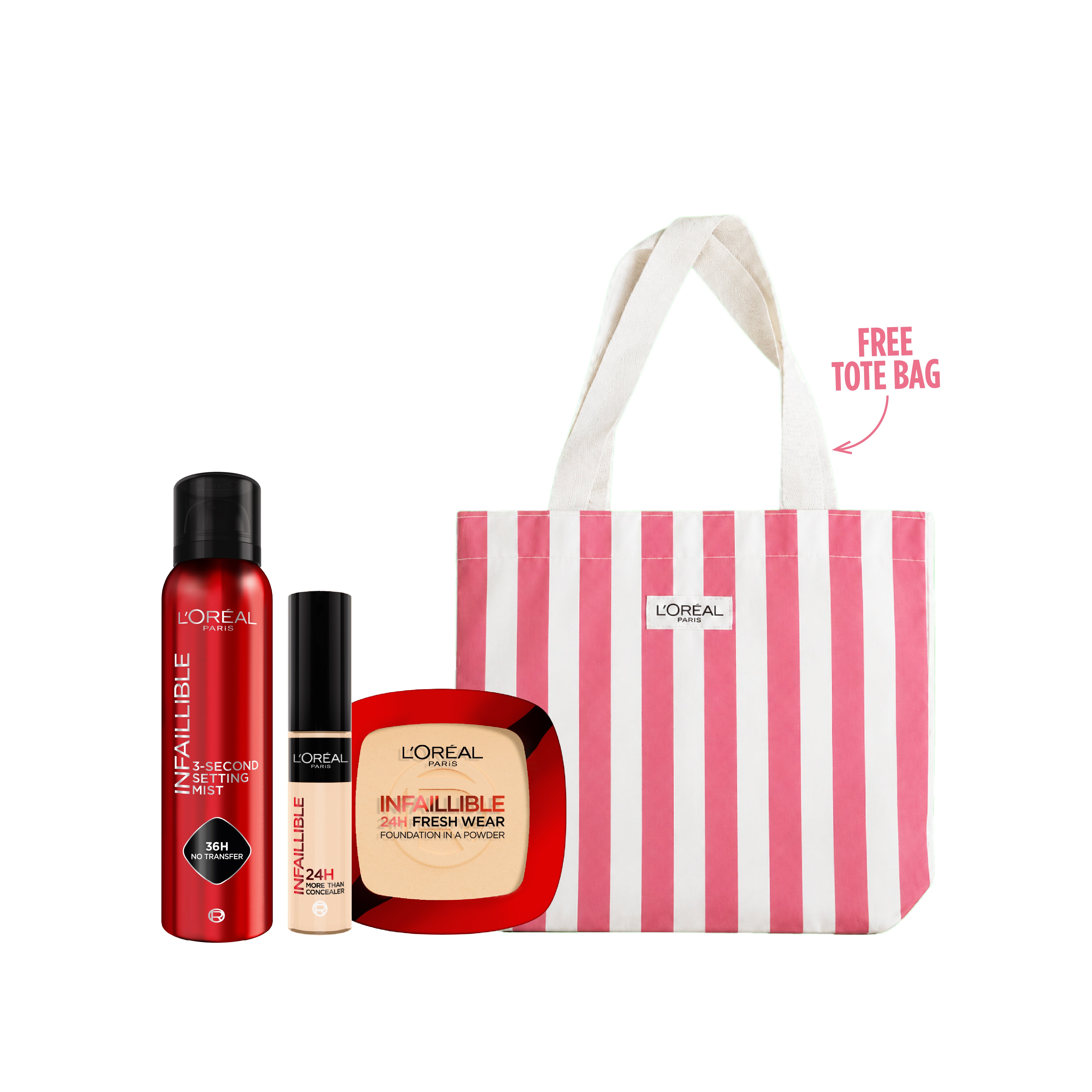 Infaillible setting mist spray + Waterproof Concealer + Foundation in a Powder + FREE Tote Bag At 20% OFF