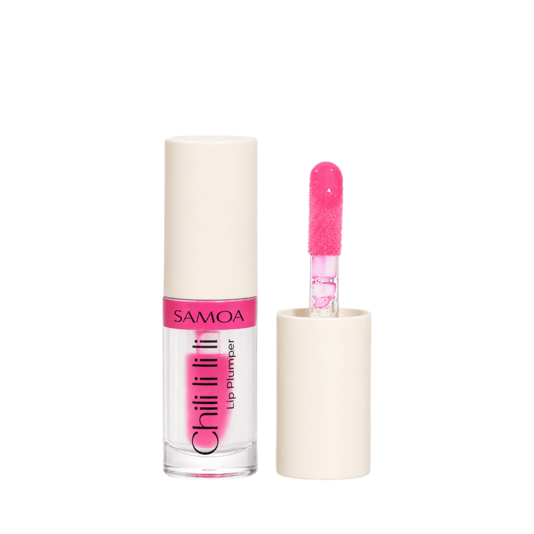 SAMOA Chillitip Lip Plumper in a clear glass bottle with a cream-colored cap, shown next to its applicator wand with a bright pink tip on a white background.