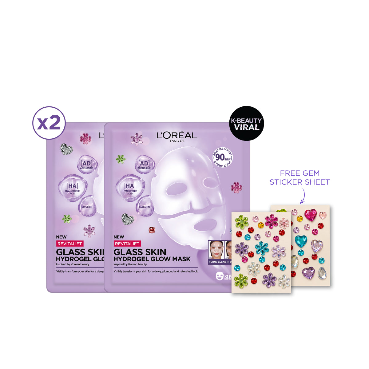 2x Revitalift Glass Skin Hydrogel Glow Mask + Gem Stickers Sheet