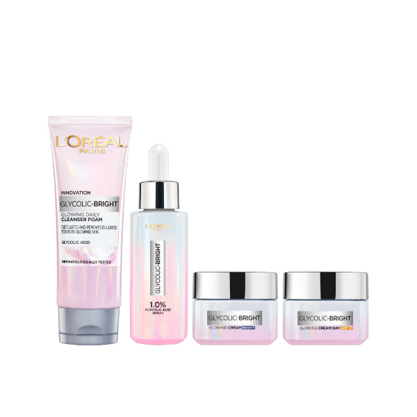 L'Oréal Paris Glycolic Bright Face Wash + Day Cream + Night Cream + Face Serum At 25% OFF | Loolia Closet