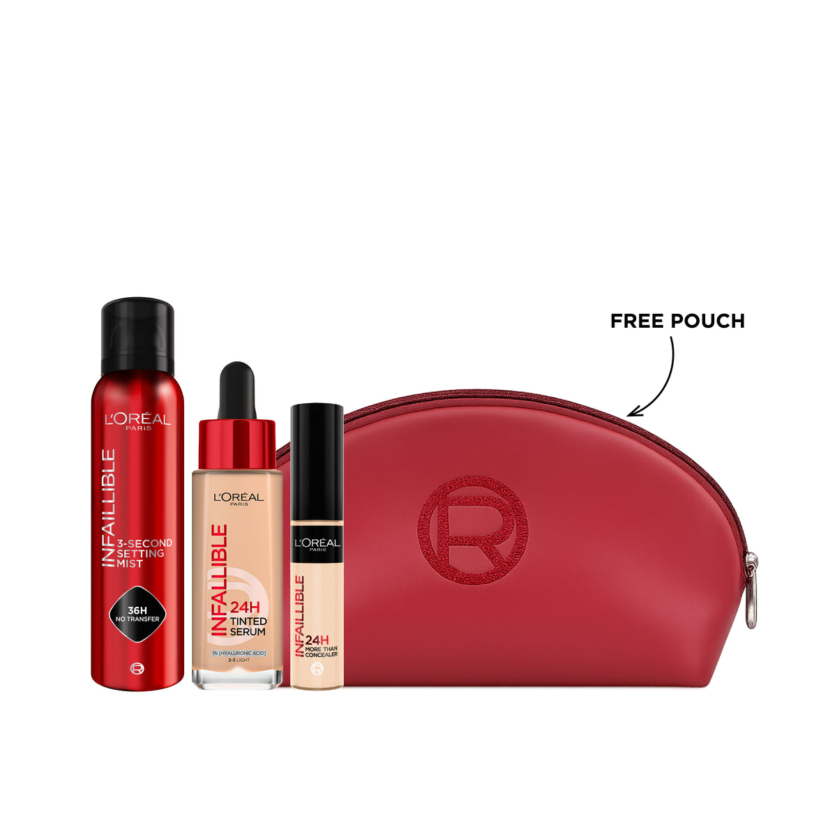 Infaillible 3-Second Setting Mist Spray 75ml + Tinted Serum + Concealer + FREE Pouch At 20% OFF