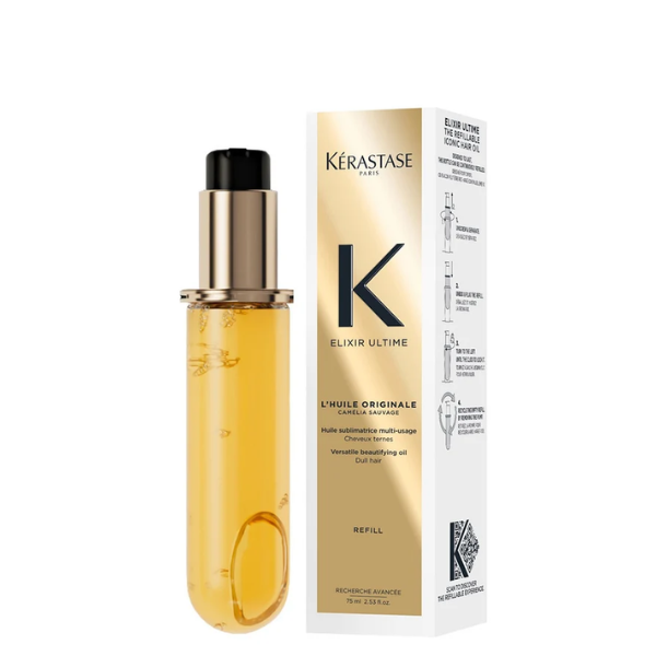 Kérastase Elixir Ultime hair oil refill bottle with golden oil and a black cap, shown next to its white and gold retail box on a white background.