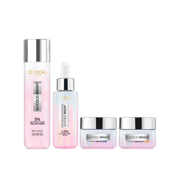 L'Oréal Paris Glycolic Bright Instant Face Serum + Day Cream + Night Cream + Toner At 25% OFF | Loolia Closet