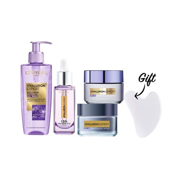 L'Oréal Paris Hyaluron Expert Wash 200 ML + Serum 30 ML + Day Cream 50 ML + Night Cream 50 ML + FREE Guasha At 25% OFF | Loolia Closet