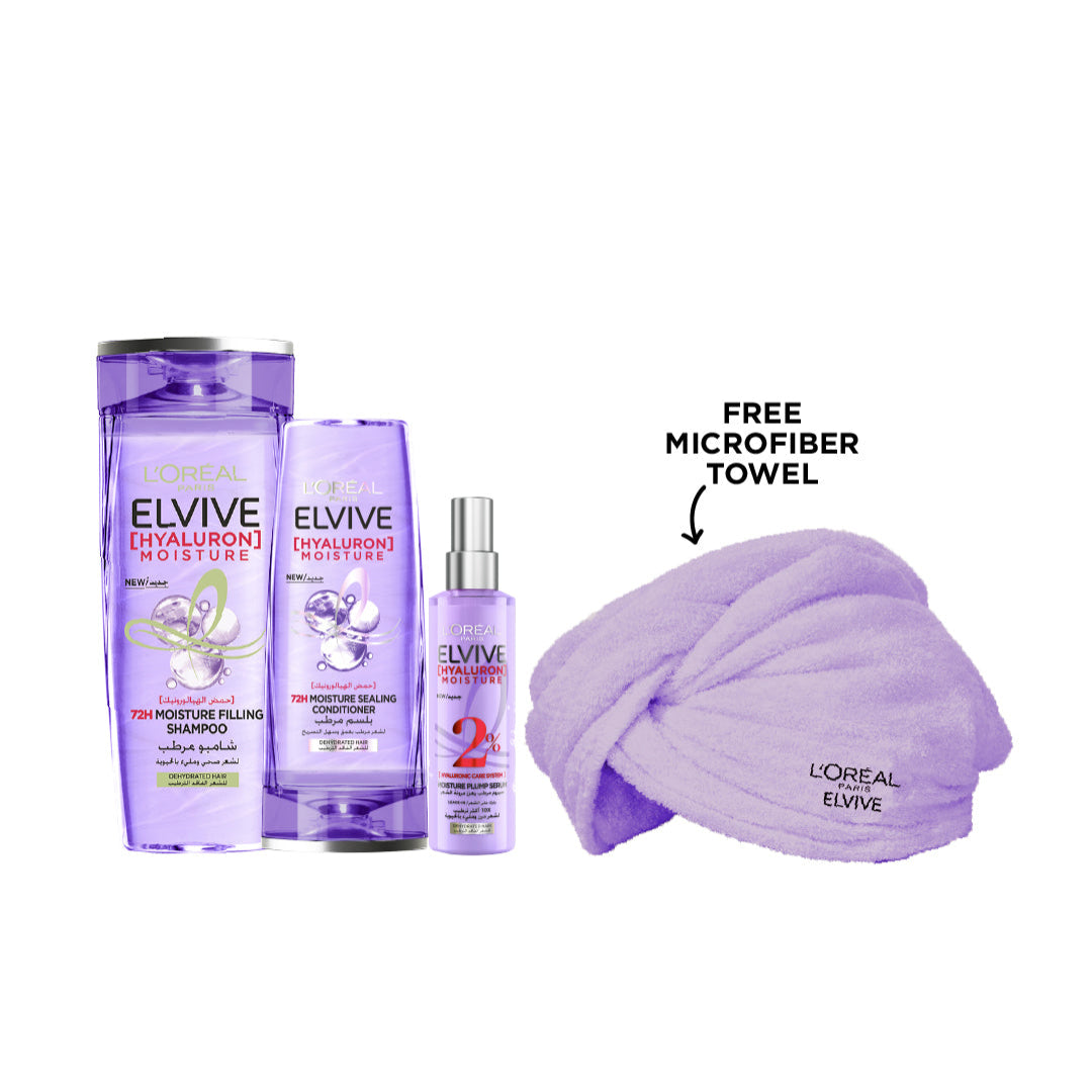 L’Oréal Elvive Hyaluron Moisture shampoo conditioner serum bundle with microfiber towel 10 percent off