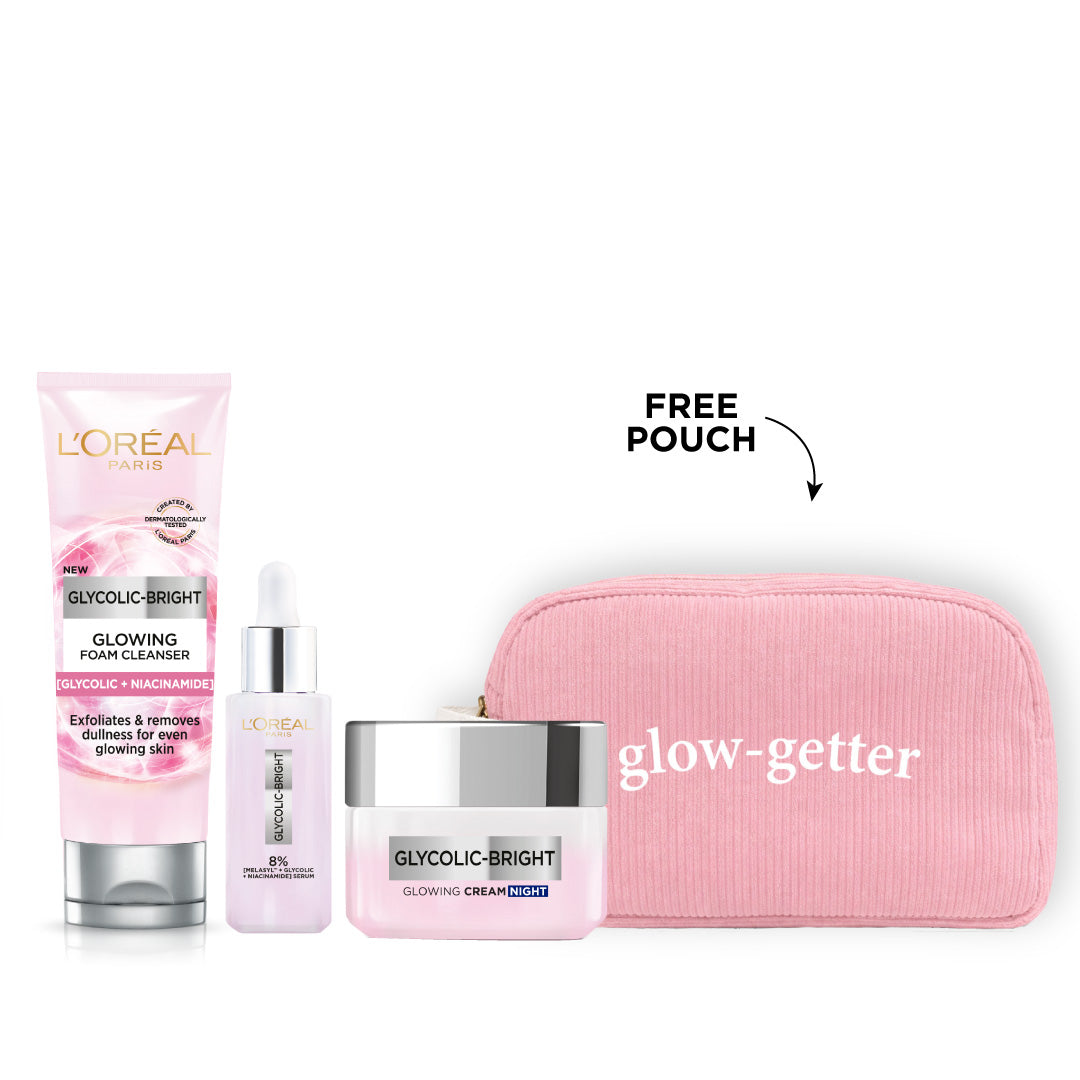 L’Oréal Paris Glycolic-Bright Skincare Bundle with foam cleanser, anti-dark spot serum, glowing day cream SPF 30, and free pink pouch