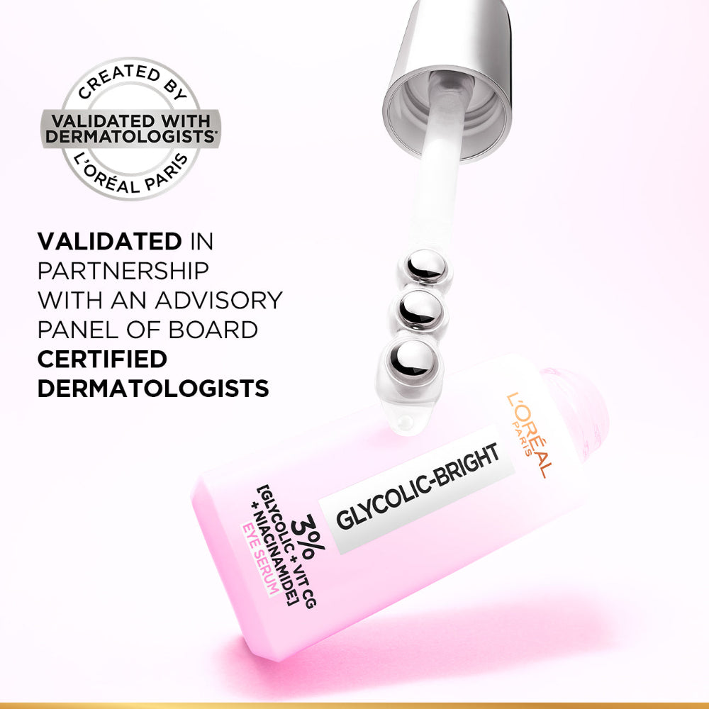 L'Oréal Paris Glycolic [3% Glycolic Acid  + Vitamin CG + Niacinamide] Eye Serum For Dark ircles, Brighten Eyes