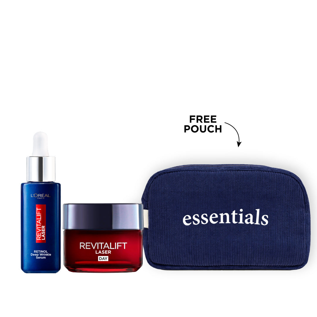 L’Oréal Paris Revitalift bundle with retinol night serum and day cream SPF 25 plus free skincare pouch for anti-aging and wrinkle reduction
