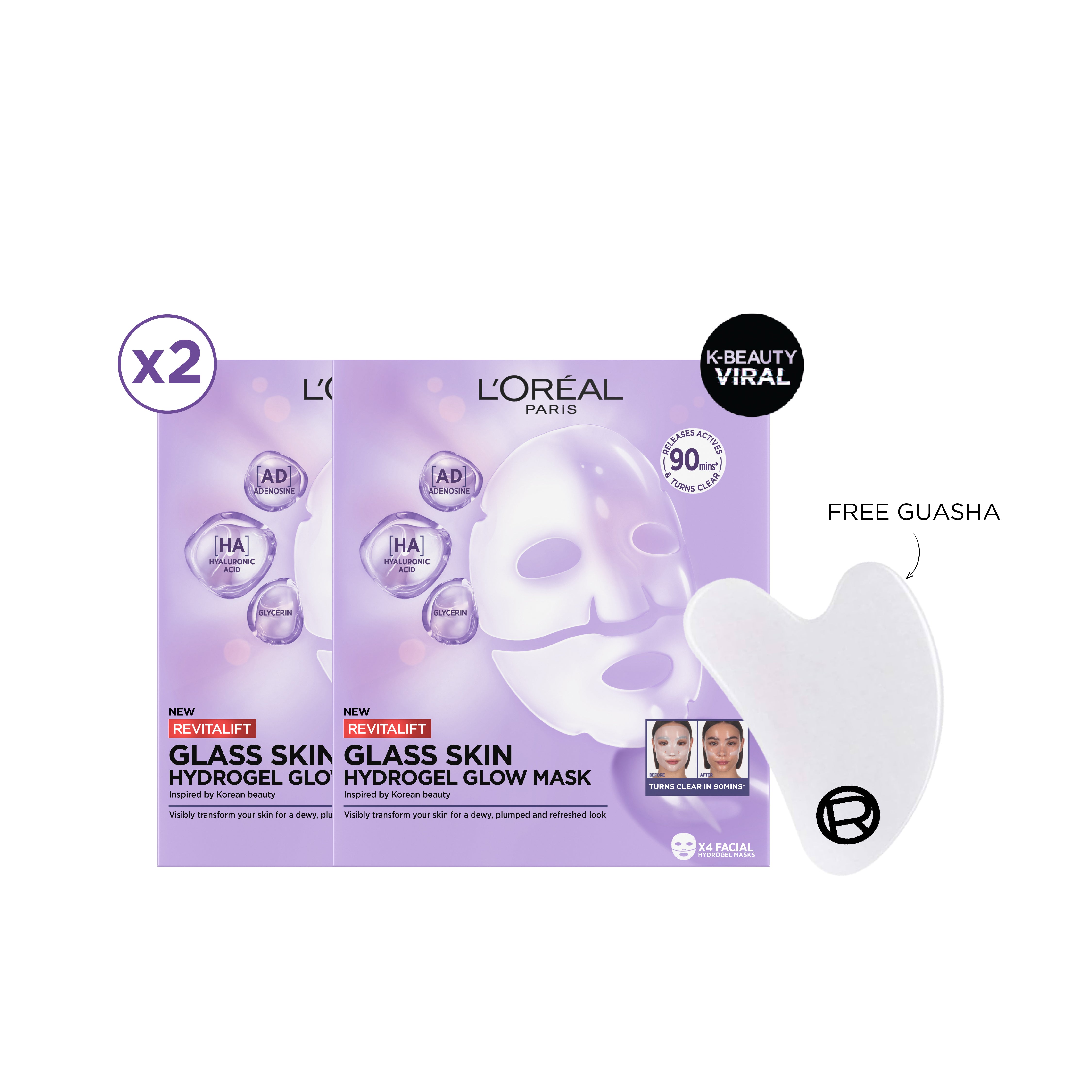 L’Oréal Revitalift Glass Skin Hydrogel Mask bundle with gua sha tool for glowing hydrated skin