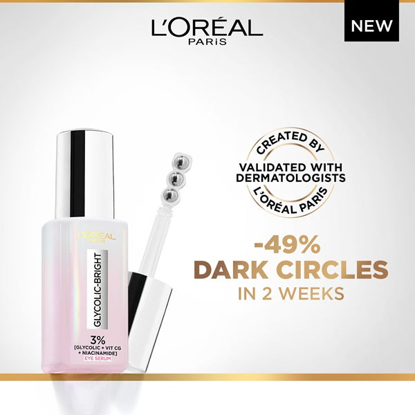 L'Oreal Paris - Glycolic [3% Glycolic Acid  + Vitamin CG + Niacinamide] Eye Serum For Dark Circles, Brighten Eyes 20