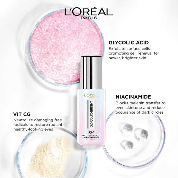 L'Oreal Paris - Glycolic [3% Glycolic Acid  + Vitamin CG + Niacinamide] Eye Serum For Dark Circles, Brighten Eyes 20