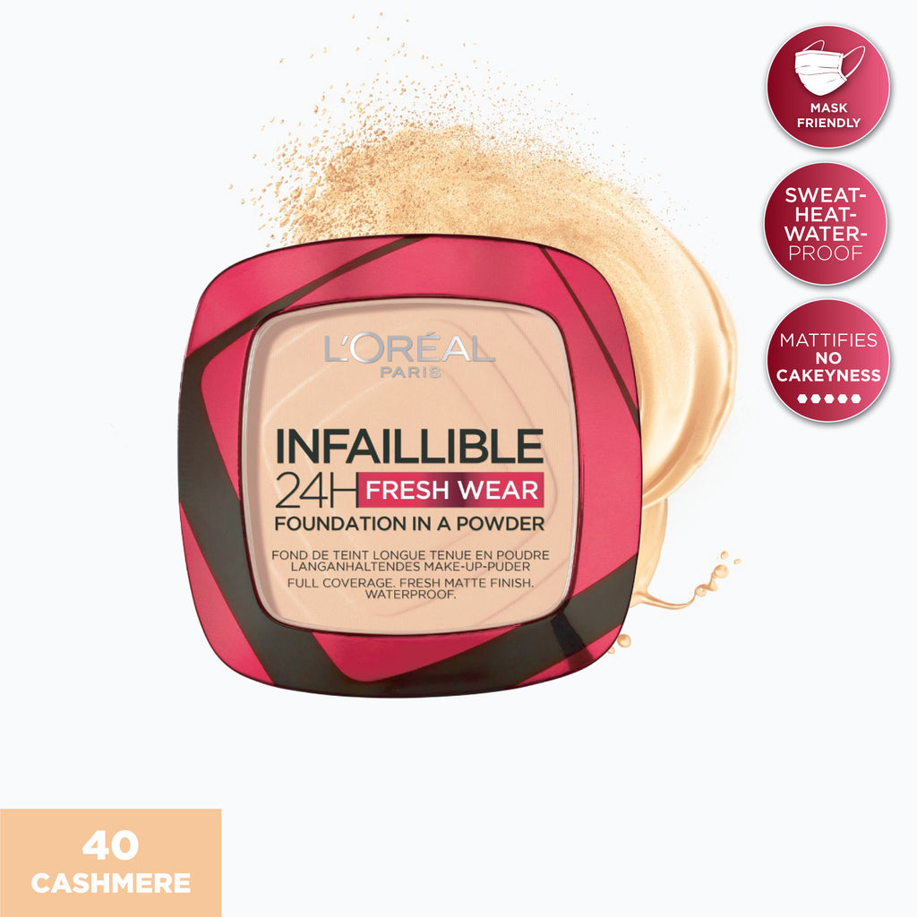 L'Oréal Paris Infaillible Up to 24H Fresh Wear Foundation in a Powder- Waterproof, Heatproof, Sweatproof | Loolia Closet