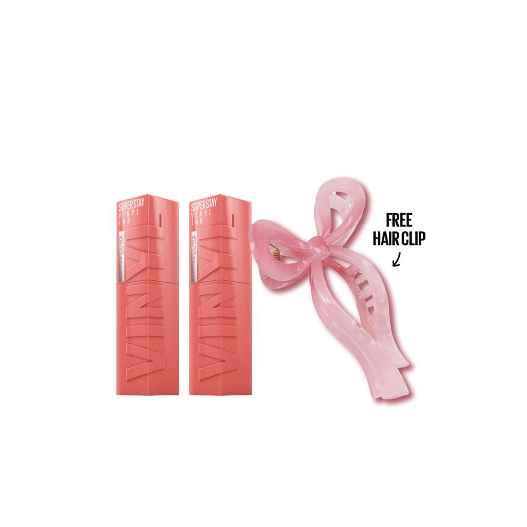 Maybelline Super Stay Vinyl Ink lipstick duo with free hair clip glossy long lasting lip color

