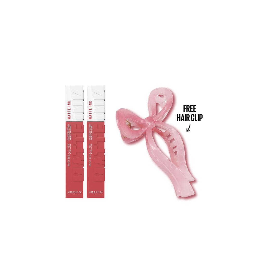 Maybelline Superstay Matte Ink lipstick bundle with two lipsticks and free hair clip