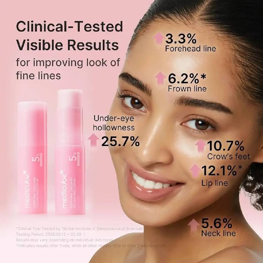 Advertisement for a skincare product showing clinical-tested visible results on a woman's face with product packaging.