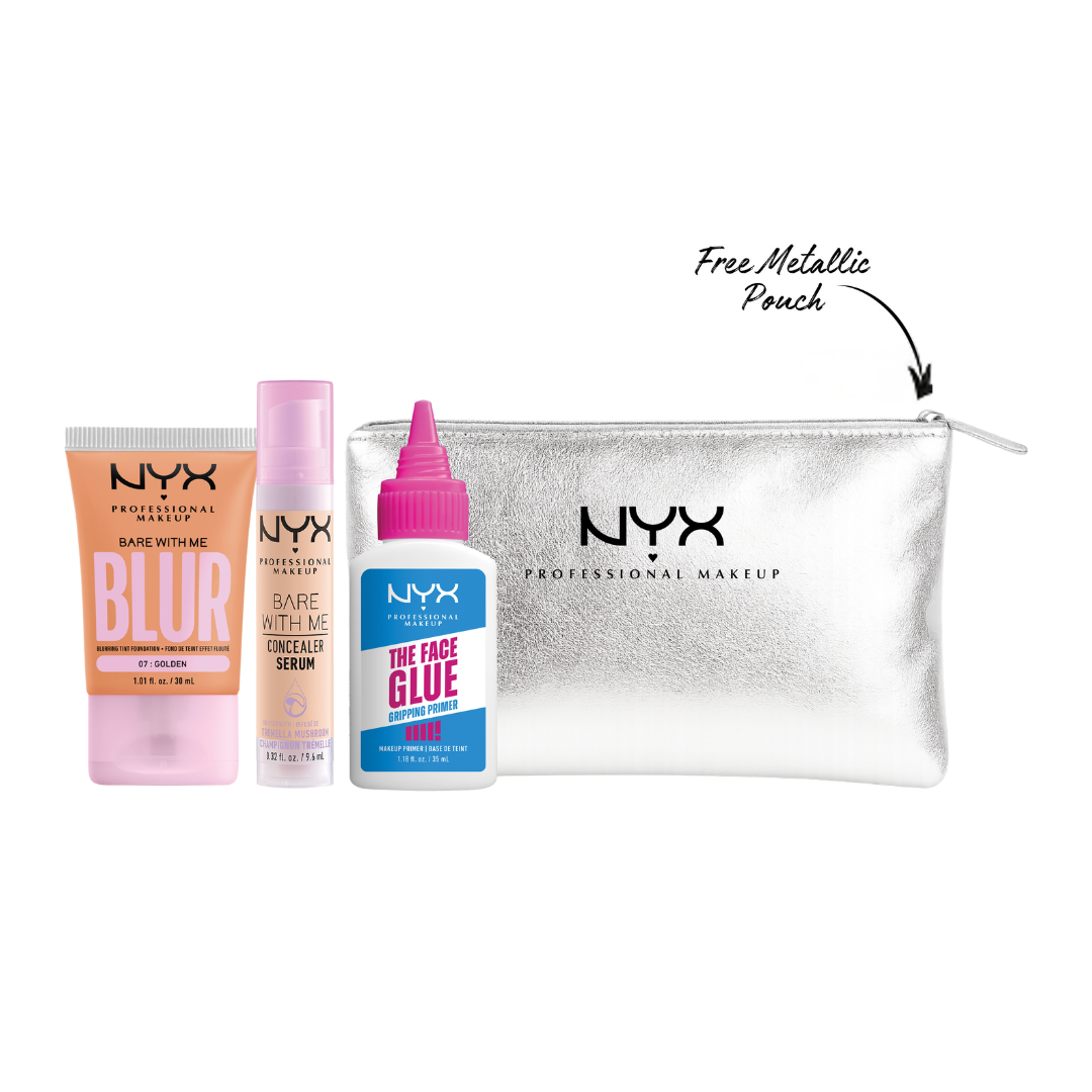 NYX Professional Makeup blur tint bundle with foundation, concealer serum, primer and free silver pouch
