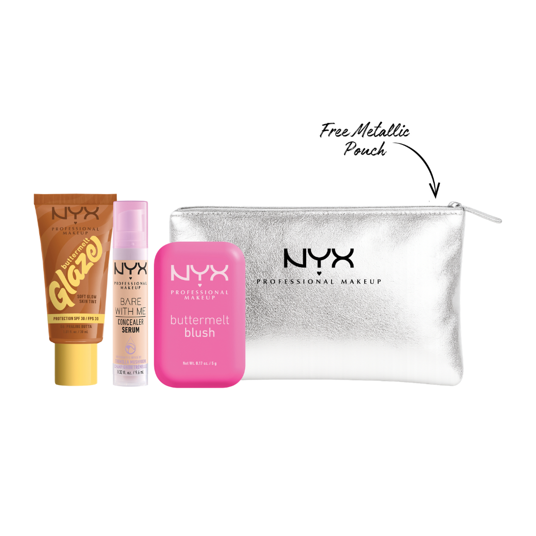 NYX Professional Makeup bundle with skin tint SPF30, concealer serum, powder blush and free silver pouch