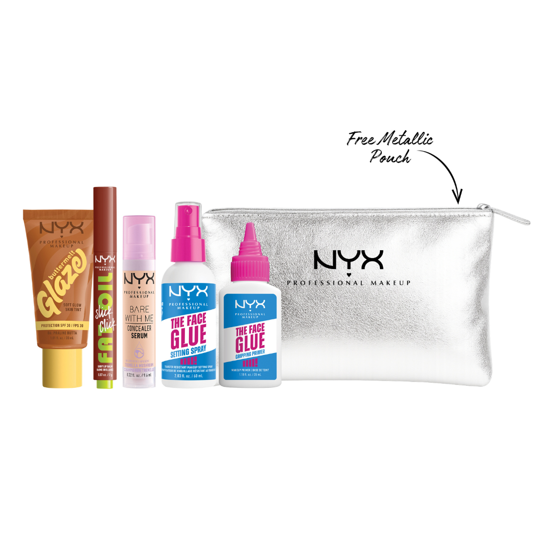 NYX Professional Makeup glow bundle with skin tint SPF30, concealer serum, lip balm, primer, setting spray and silver pouch