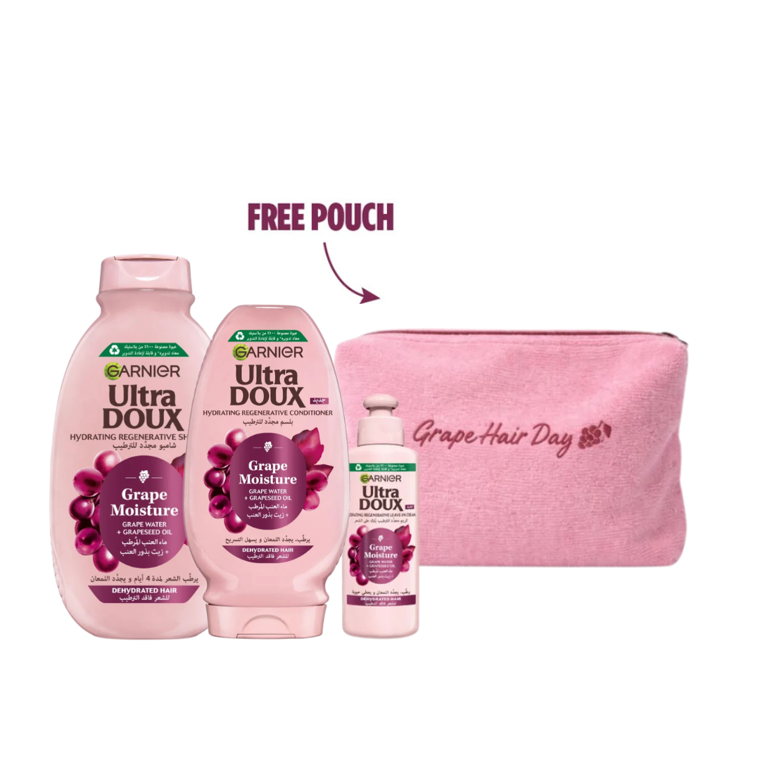 Ultra Doux Grape Shampoo 400ml + Conditioner 200ml + Leave-In + FREE Pouch