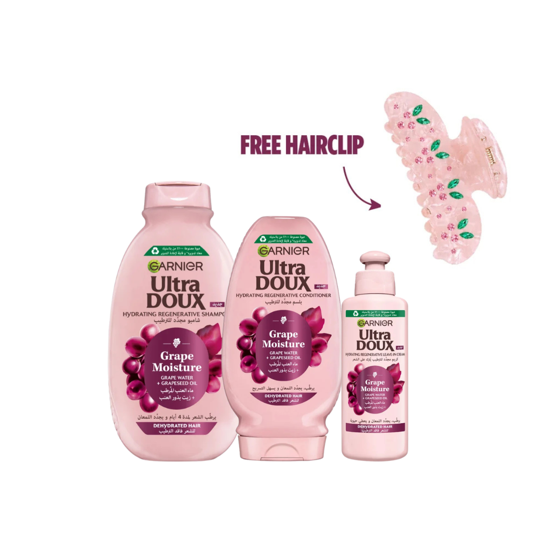 Ultra Doux Grape Shampoo 400ml + Conditioner 200ml + Leave-In + FREE Hairclip