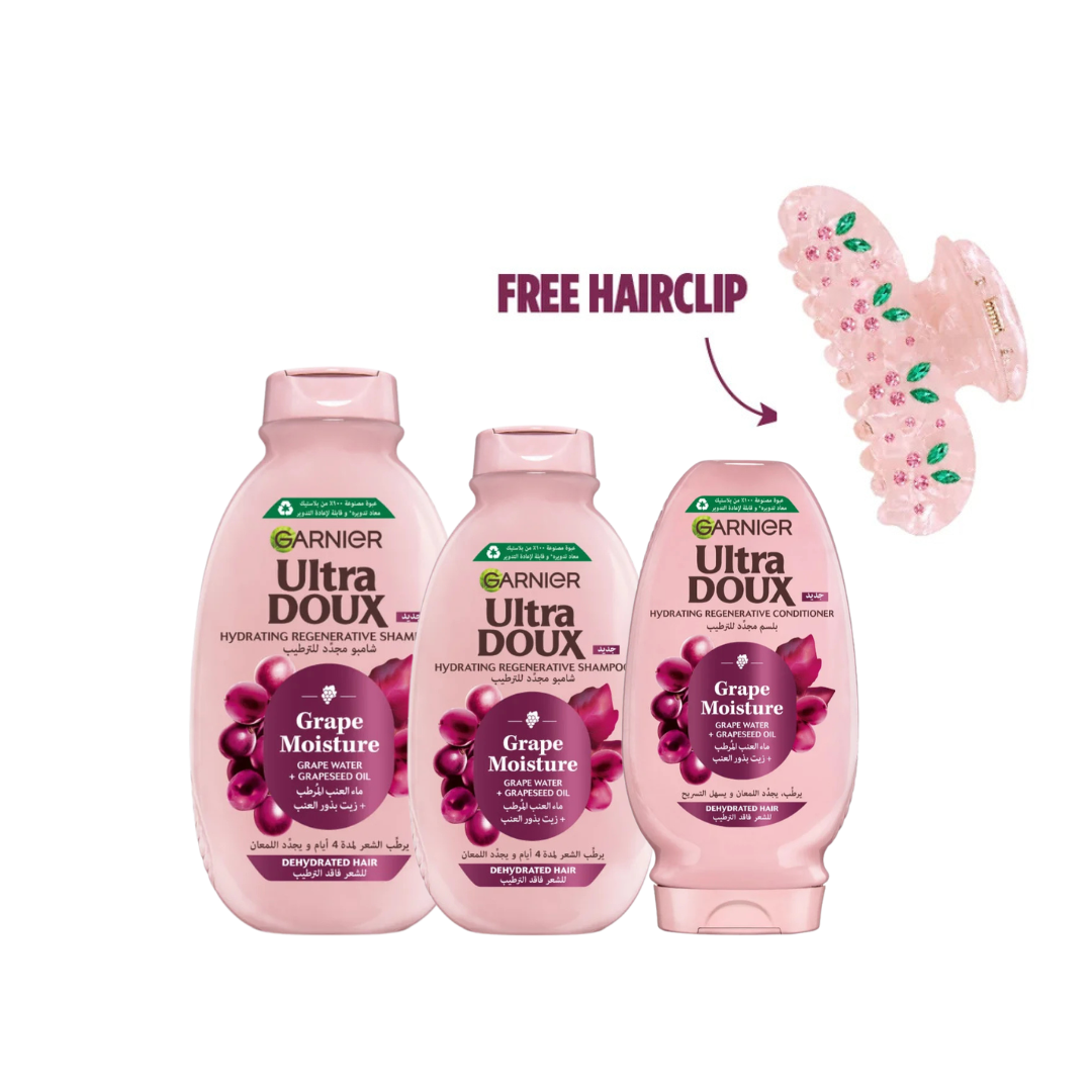 Ultra Doux Grape Shampoo 600ml + Shampoo 400ml + Conditioner 200ml + FREE Hairclip