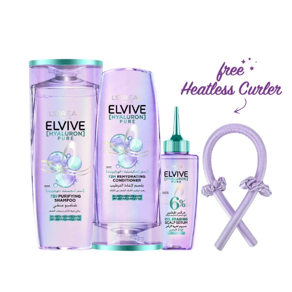 L'Oréal Paris Elvive HA Pure Shampoo 400 ML + Conditioner 200 ML + Serum + FREE Heatless Curler | Loolia Closet