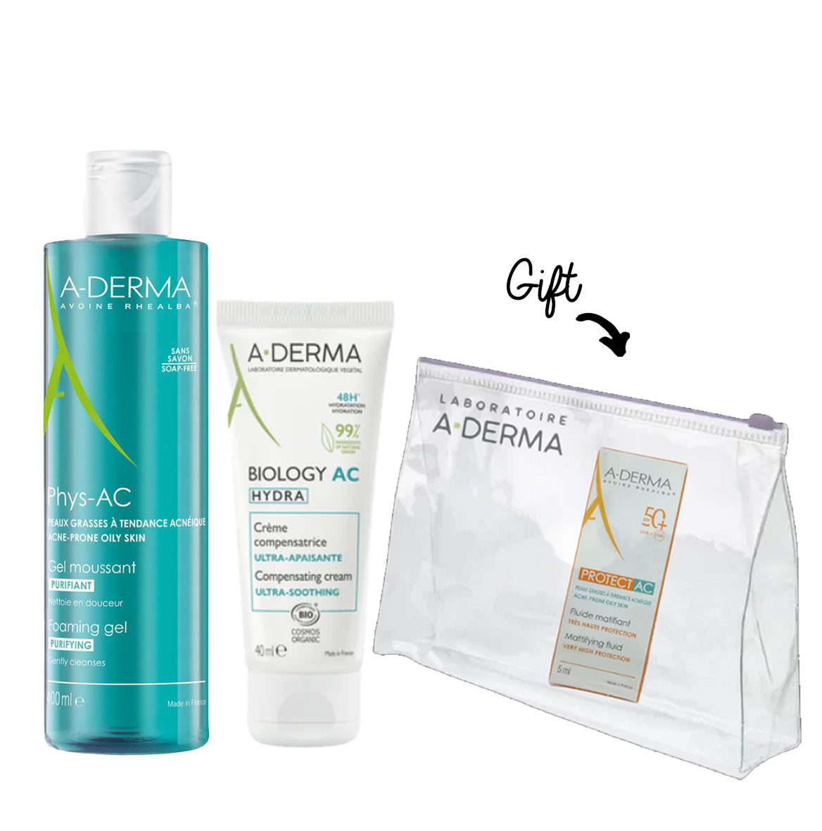 Aderma Phys-Ac Gel Moussant 200 ML + ADERMA Phys-Ac Hydra Creme Hydratante Compensatrice 40ML + FREE Gift
