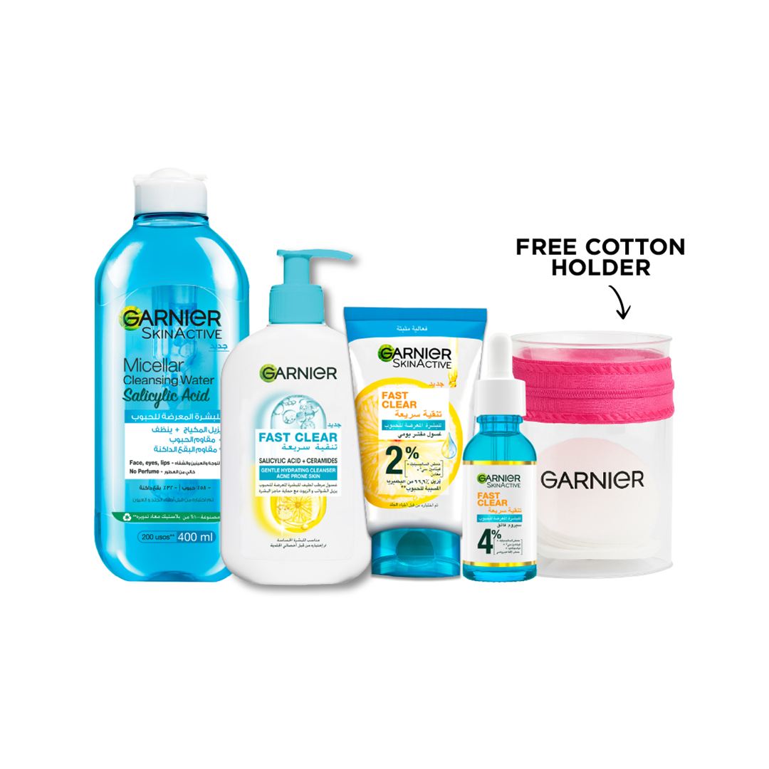 Garnier anti acne skincare bundle salicylic acid cleanser serum exfoliating wash with cotton holder