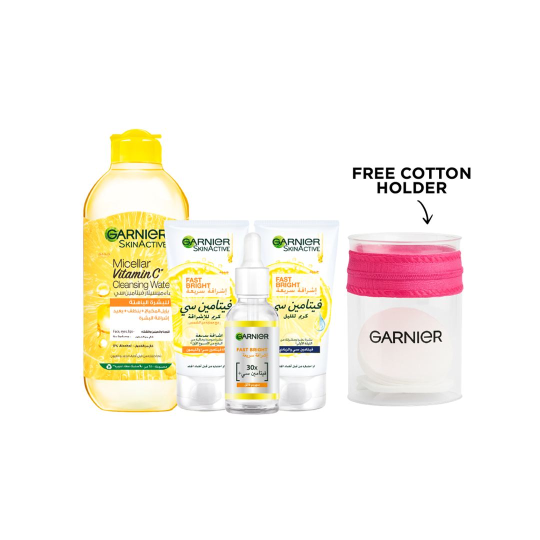 Garnier vitamin C brightening skincare bundle micellar water serum day night cream with cotton holder