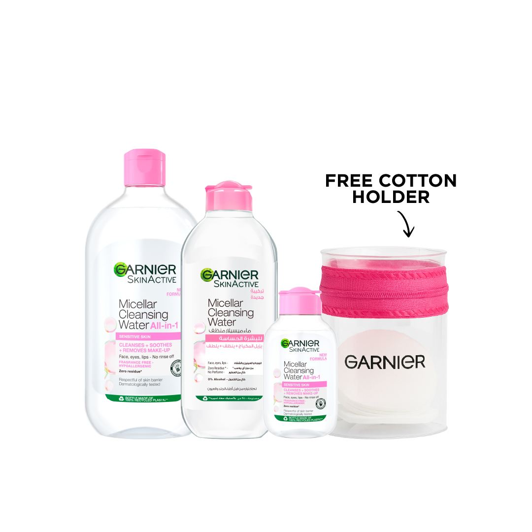 Garnier micellar water bundle sensitive skin cleanser makeup remover with cotton holder