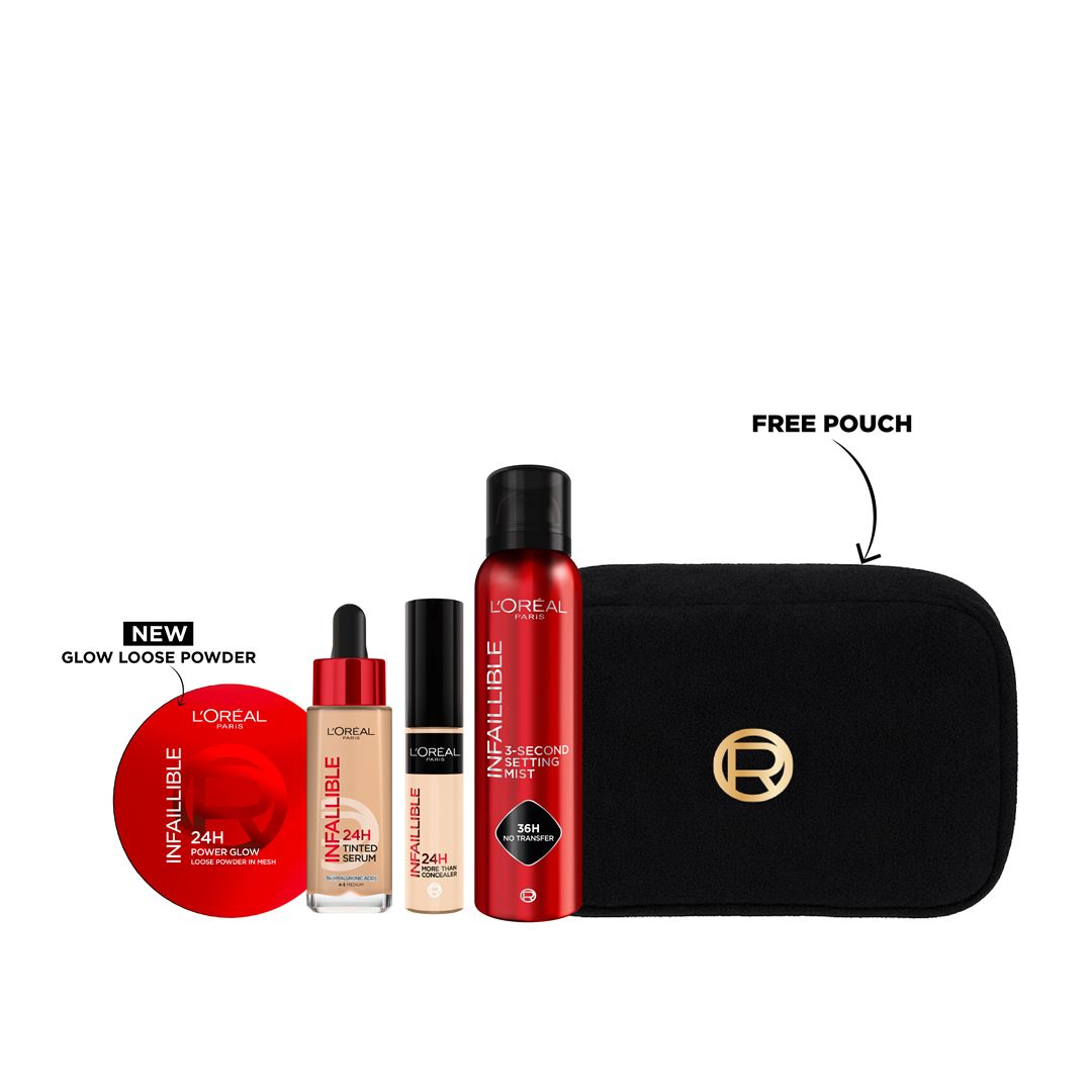 L’Oreal Infaillible full face makeup bundle serum concealer powder setting spray with free pouch