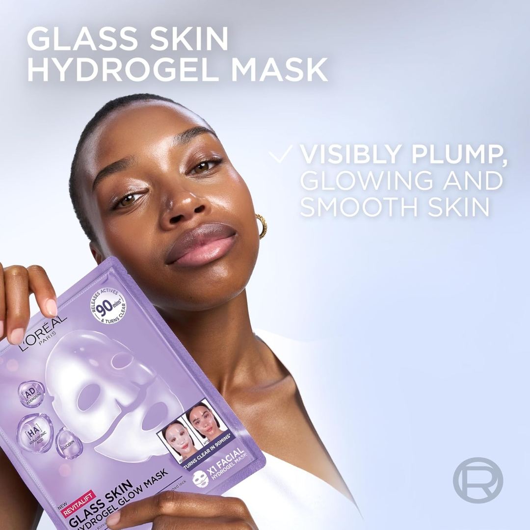 L’Oreal Revitalift glass skin hydrogel glow mask hydrating plumping sheet mask radiant skin