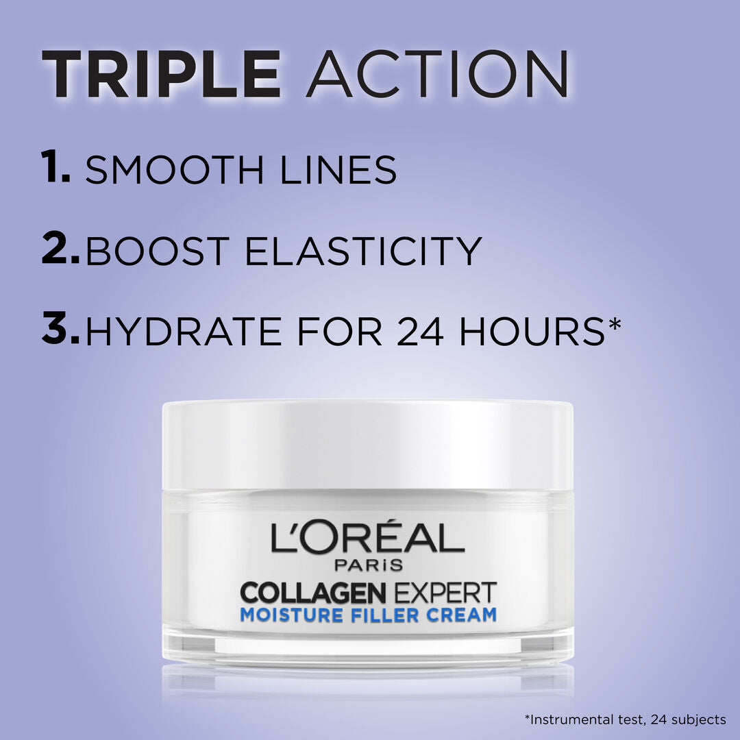 L'Oreal Paris Collagen Expert Moisture Filler Cream jar with triple action benefits on a purple background