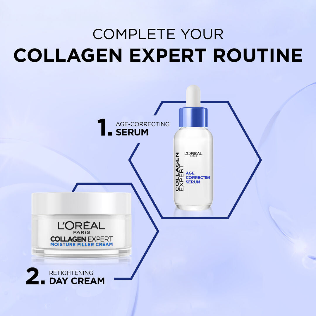 L'Oreal Collagen Expert serum and cream on a light blue background