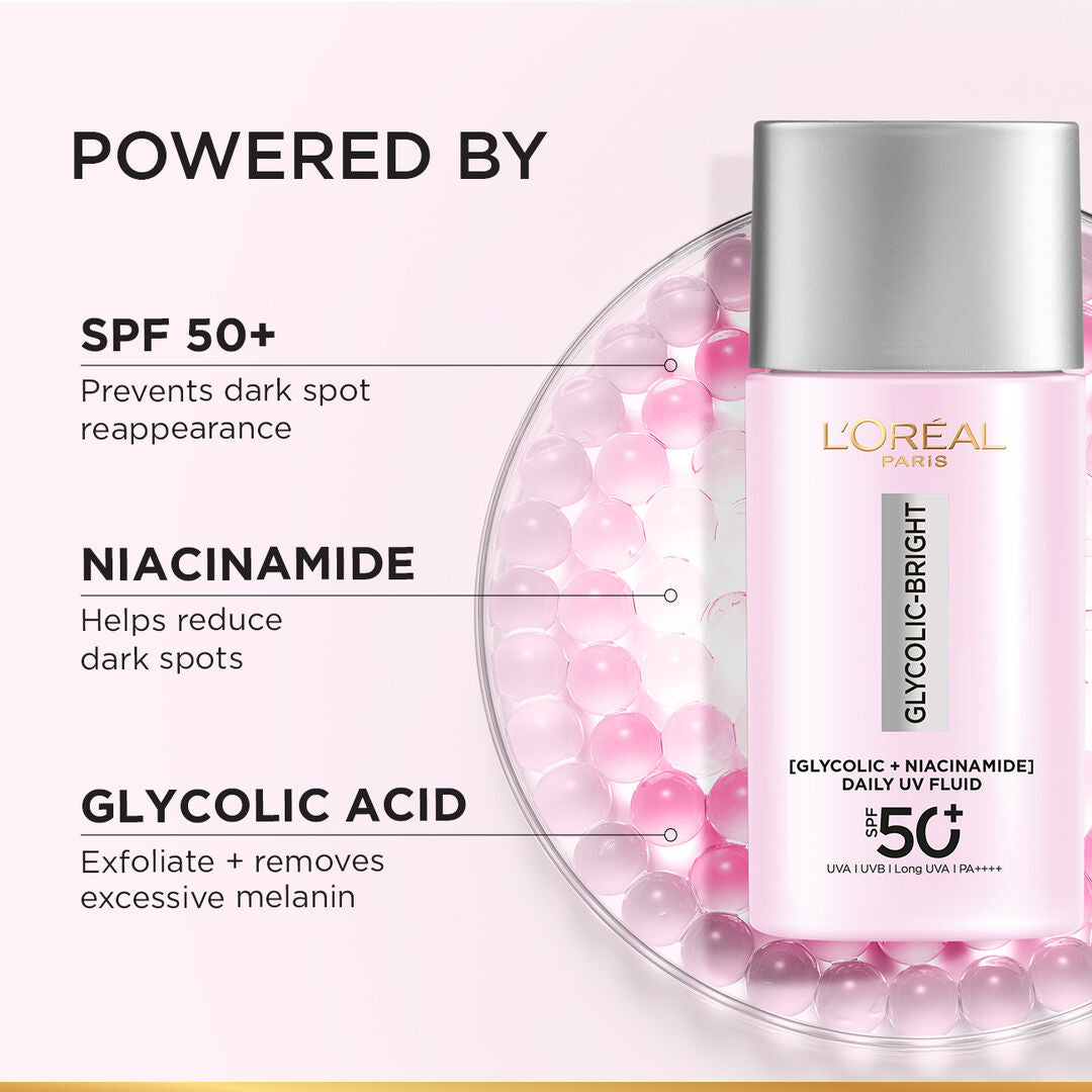 L'Oreal Paris skincare product with SPF 50+ and ingredients listed on a pink background