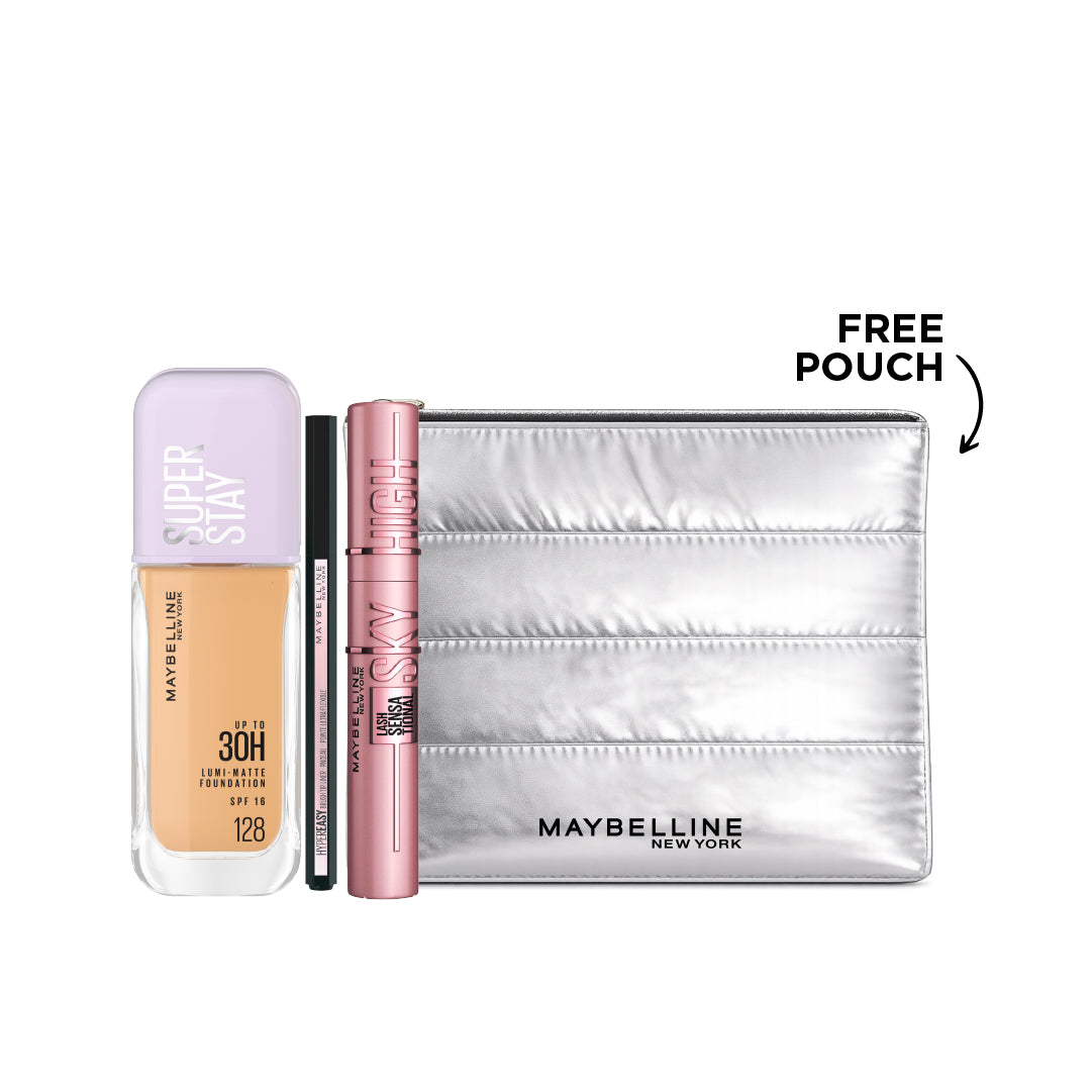 Super Stay Lumi-Matte Foundation + Hyper Easy Liquid Liner + Sky High Mascara + FREE Pouch At 25% OFF