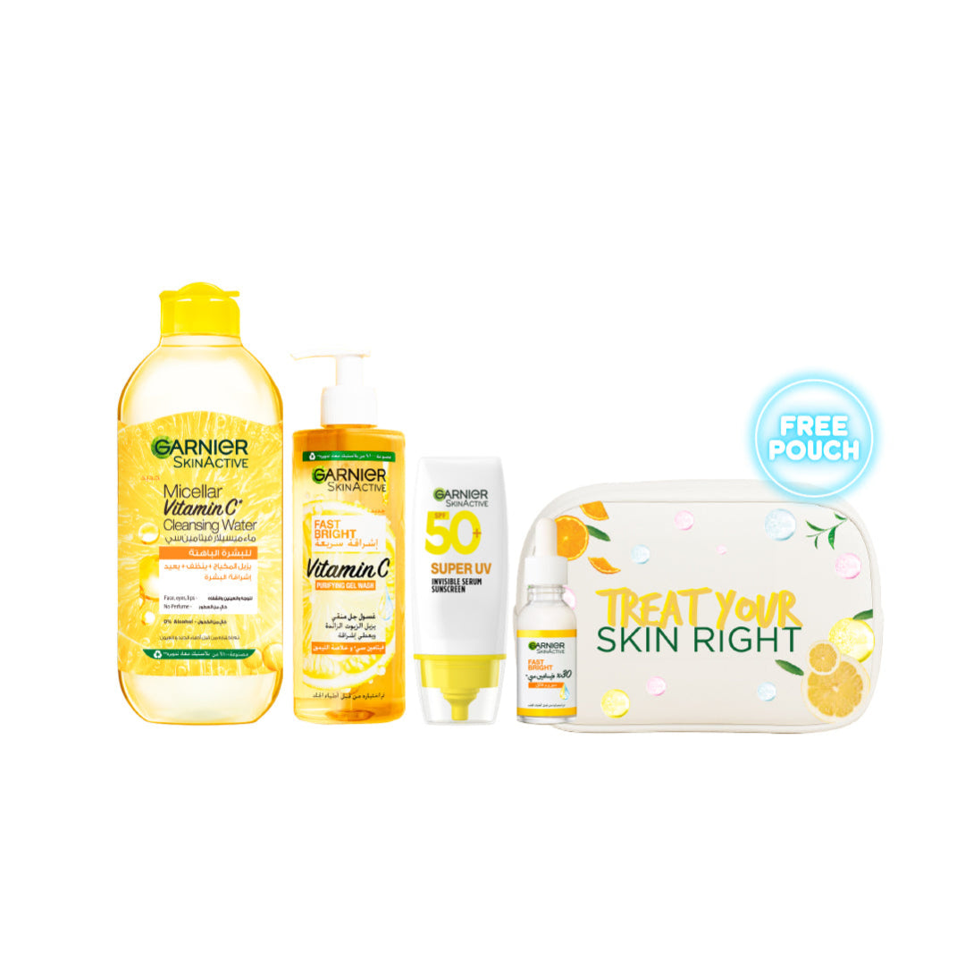 Fast Bright Vitamin C Micellar Water 400 ML + Gel Wash 400 ML + Super UV 30 ML + Serum 30 ML +  FREE Pouch