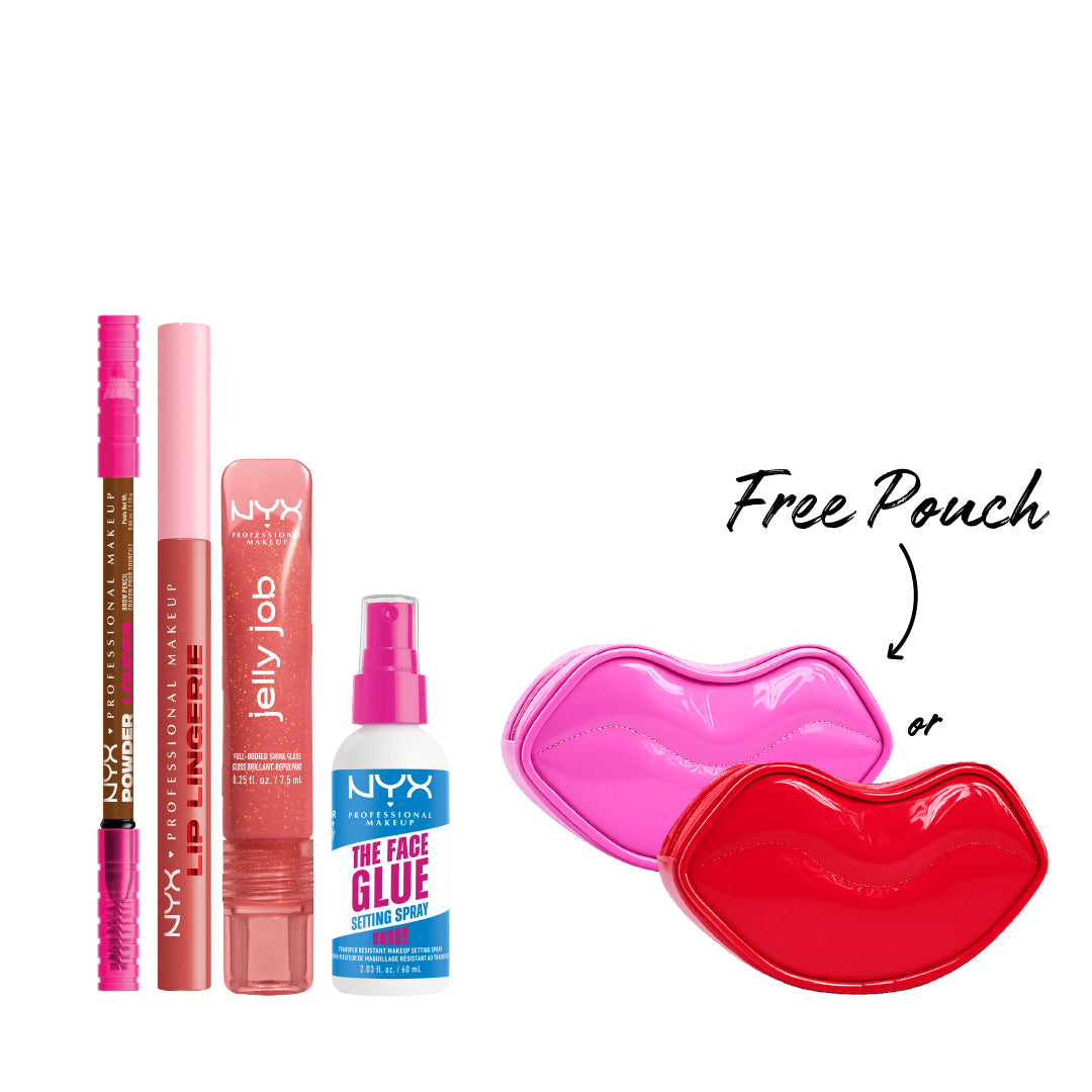 Brow Pencil + Lingerie Lip Liner + Jelly Job Gloss + Glue Setting Spray + FREE Pouch