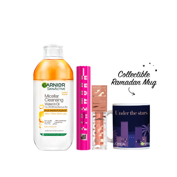 Maybelline New York x Garnier Micellar Water Oil Infused 400 ML + Firework Mascara + Sunkisser Blush + FREE Night Mug At 25% OFF | Loolia Closet