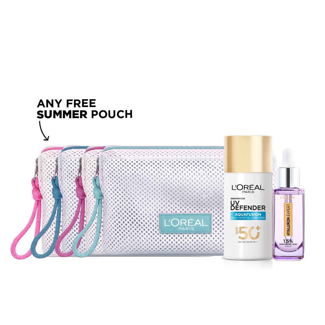 Aquafusion Daily Water Gel Sunscreen + Hyaluron Expert Replumping Face Serum + FREE Summer Pouch At 20% OFF